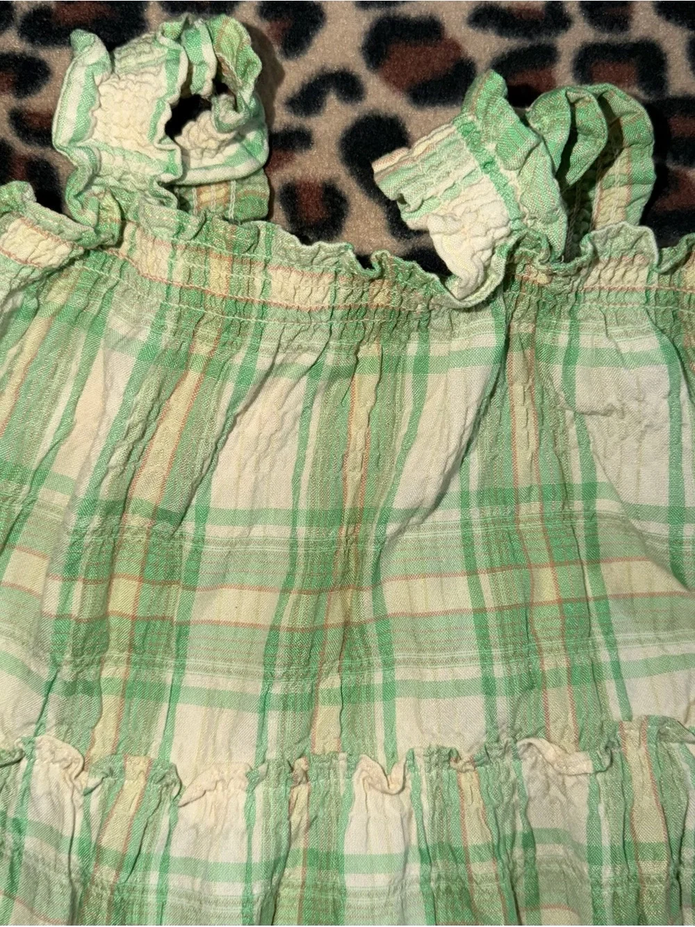 2000s whimsical green plaid KIDS mini dress with ruffle straps and smocked waist